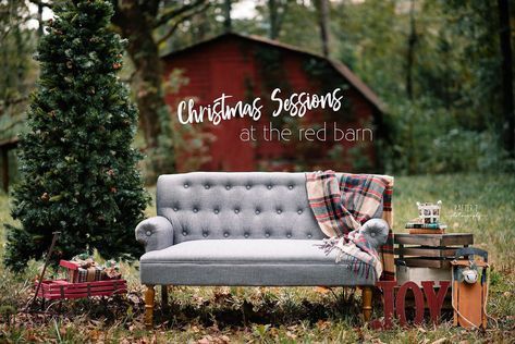 Christmas Couch Photoshoot, Christmas Mini Sessions Outdoor, Outdoor Mantel, Outdoor Christmas Photos, Tree Farm Photo Shoot, Christmas Fashion Photography, Christmas Mini Shoot, Photo Backdrop Christmas, Santa Mini