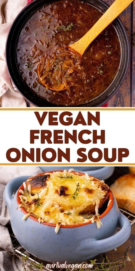 Let's make Vegan French Onion Soup! It's bold, rich, and packed with caramelized onion flavor. Delicious on its own but you really NEED a stack of toasty baguette and melty cheese on top to seal the deal! Recipe With Red Wine, Vegan French Onion Soup, Soup Recipe Vegan, Red Wine Recipe, Classic French Onion Soup, Onion Soup Recipe, Vegan French, French Onion Soup Recipe, Onion Soup Recipes