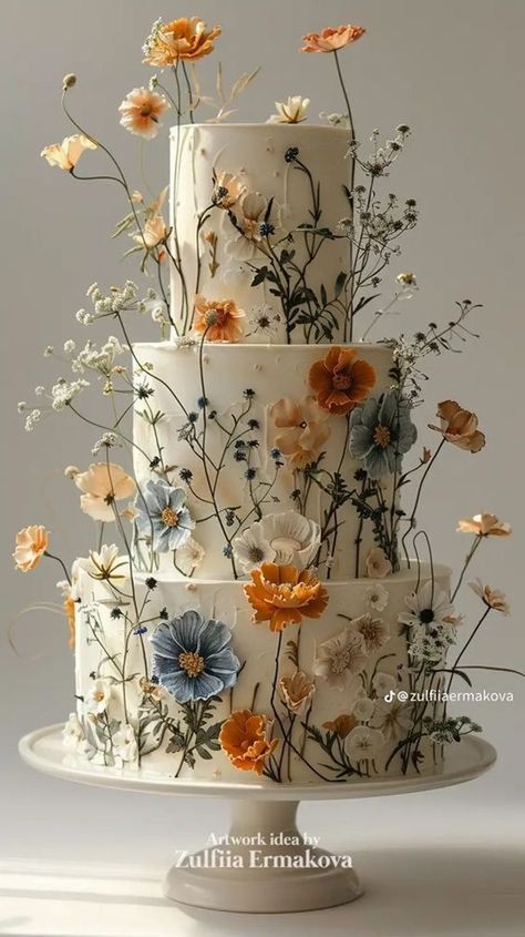 Perfect for a rustic wedding, this cake is adorned with wildflowers that give it a charming, countryside feel. #RusticWedding #WildflowerCake 🌼🏞️ Big Wedding Cakes With Flowers, Antique Cake Design, Vintage Wedding Cake With Flowers, Wildflower Cakes, Wildflower Wedding Cake, Wedding Cake 2 Tier, Tort Special, Wildflower Cake, Whimsical Wedding Cakes