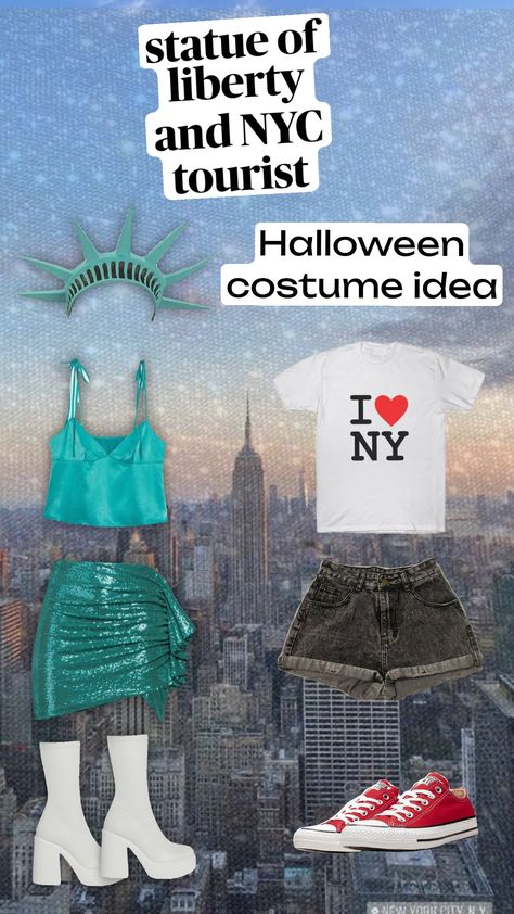 Halloween costume idea! #halloween #nyc #statueofliberty #outfit #duo Nyc Halloween Costumes, Nyc Tourist Outfit, Nyc Costume, Tourist Halloween Costume, Tourist Costume, American Halloween, Fun Halloween Outfits, Tourist Outfit, New York Theme