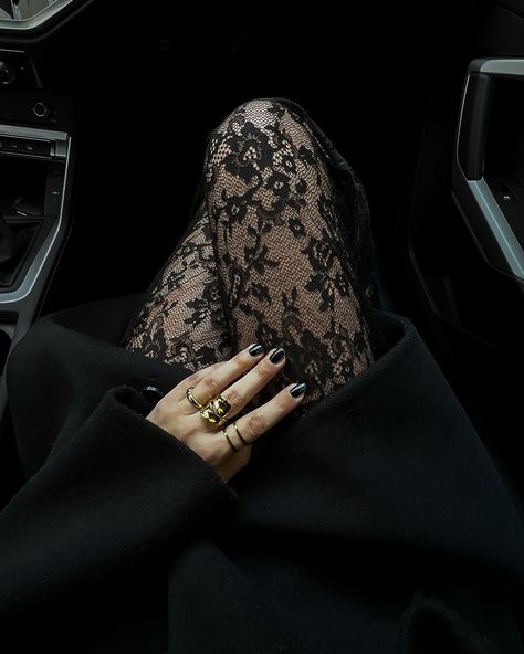 I don’t need flowers I need lace tights+bag: @nakdfashion coat+shoes+sunnies: @hm #elegantoutfit #styledujours #lookdujourbonjour #modeblog #classyoutfits #allblackoutfits #lacetights #effortlesslychic Flower Tights Outfit, Lace Tights Outfits, Leather And Lace Aesthetic, Lace Tights Aesthetic, Black Lace Tights Outfit, Lace Winter Outfit, Lace Outfit Aesthetic, Black Bag Aesthetic, Lace Stockings Outfit