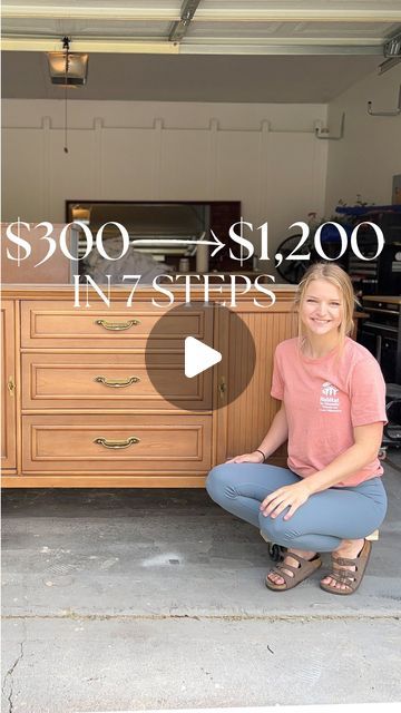 Sammie | diy & furniture flips on Instagram: "$300 to $1,200 in 7 steps! Comment “STRIP” & I’ll send you the link to all the products used! Furniture refinishing can seem SO overwhelming when you see a whole video, which is why I love to break it down into simple steps. Although there are some other smaller steps included, here are the main 7 I took to recreate this piece! 1. Remove Hardware 2. Apply Stripper 3. Strip 4. Sand (@surfprepsanding) 5. Stain (@behrpaint Water-based stain in the color “Early American”) 6. Top coat (@varathane water based poly, applied with my @homerightps super finish max sprayer! 6. Add hardware Want to see the whole makeover start to finish, with all the in-between details? FULL TUTORIAL is now LIVE on my YouTube channel. Link in bio! #diy #tutorial #sid Diy Furniture Flip, Furniture Flips, The In Between, Water Based Stain, Furniture Refinishing, Flipping Furniture, Early American, Refinishing Furniture, My Youtube Channel