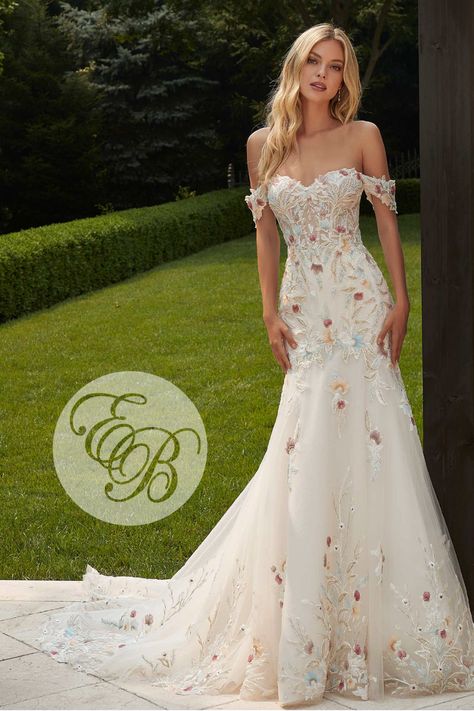 Morilee Persephone 2608 at Emmy's Bridal Floral Fit And Flare Wedding Dress, Morilee Persephone, Morilee Wedding Dresses, Mamma Mia Wedding, Mori Lee Wedding Dress, Nerd Wedding, Flowery Dress, Flowery Dresses, Beautiful Eyes Pics