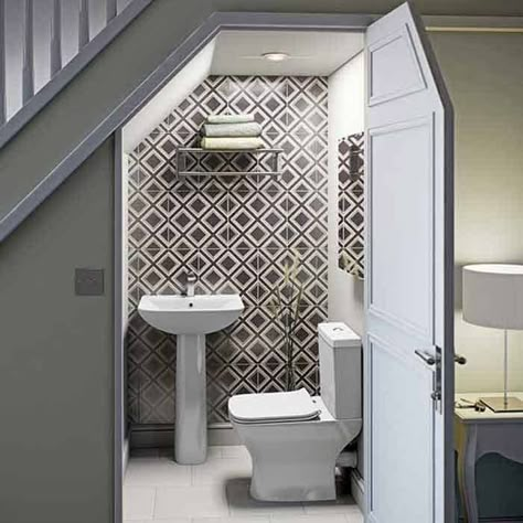 Brilliant Under-Stairs Toilet Ideas (+ Things To Consider First) – GoDownsize.com Understairs Toilet, Klein Toilet, Room Under Stairs, Cloakroom Toilet, Bathroom Under Stairs, Downstairs Cloakroom, Downstairs Toilet, Powder Room Design, Stair Case