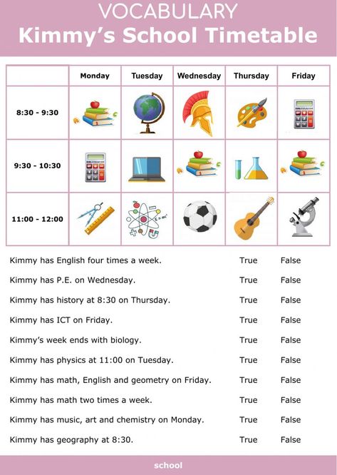 Vocabulary Worksheets Elementary, Subject Worksheet, Teaching Sentences, Selective Mutism, School Timetable, English Teaching Materials, To Learn English, English File, Learning English For Kids