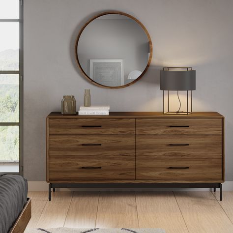 The wide LINQ 9186 modern 6-drawer dresser by BDI Furniture provides a wealth of wardrobe storage in its six roomy drawers. Drawers are sized in graduated depths, providing space for larger, bulky items in the lower drawers. Concealed hardware smoothly glides the drawers open and gently self-closes with a simple push. Chester Drawers Bedrooms, Bedroom Furniture Inspiration, Drawer System, Compact Desks, Modern Rug Design, Outdoor Table Lamps, Bedroom Dressers, 6 Drawer Dresser, Toilet Accessories