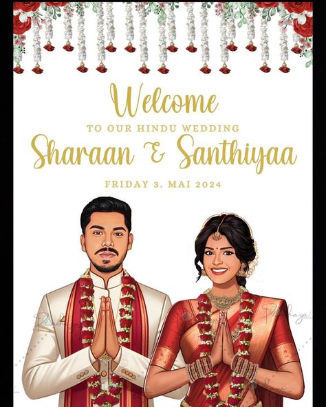 Ponthayadesigns | 📍🇨🇭Another Hindu welcome board design : Vision by @santhiyaa___ and @sharaan_sk | video credit : @akmakeup1 & photo credits : couple’s… | Instagram Hindu Wedding Welcome Board, Hindu Wedding Caricature, Indian Wedding Caricature, Hindu Couple, Welcome Board Design, Couple Illustrations, Wedding Illustration Card, Couple Caricature, Couple Png