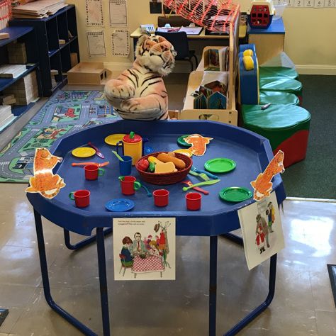 The tiger who came to tea story telling tuff tray Story Telling Week Eyfs, The Tiger That Came To Tea Activities, World Book Day Activities For Toddlers, World Book Day Activities Eyfs, The Tiger Who Come To Tea Eyfs, The Tiger Who Came To Tea, Tiger Who Came To Tea Activities, Book Day Activities, Story Sack Ideas