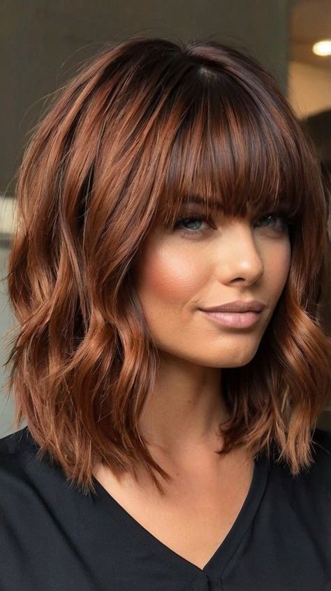 Brownish Red Hair Color Caramel Balayage, Short Dark Brown Hair With Copper Highlights, Deep Cowboy Copper Hair, Dark Copper Hair With Bangs, Copper Brown Hair Blue Eyes, Fall Hair For Short Hair, Fall Hair Color Ideas 2024, Dark Brown Copper Balayage, Dark Fall Hair Color For Brunettes 2024