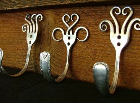 I hope I learn how to manipulate old silver, or silver'ish'-ware this well.  I'm pretty sure I can manage the hook, but the tines are curved and taper so beautifully... Fork Art, Hantverk Diy, Silverware Crafts, Silverware Art, Spoon Art, Silverware Jewelry, Spoon Jewelry, Trash To Treasure, Art And Craft