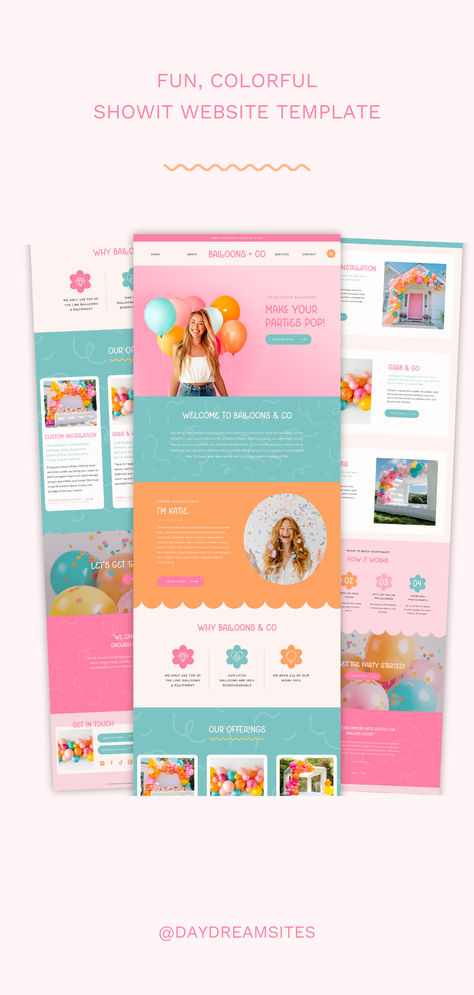 fun, colorful Showit website template Party Planner Website Design, Planner Website, Colorful Website, Balloon Artist, Showit Website Template, Graphic Design Infographic, Event Website, Balloon Installation, Design Infographic