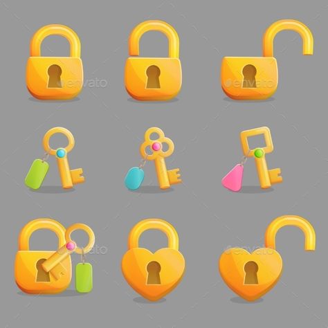 Collection of golden padlocks in various shapes and states. Open, unlocked and lockd and golden skeleton keys with charms. Game an Golden Skeleton, Coin App, Locks And Keys, Key Icon, Photoshop Tutorial Graphics, Game Effect, Game Gui, Ui Game, Lock Icon