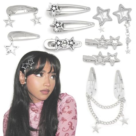 PRICES MAY VARY. Package Contain - Our silver star hair clips include 8 styles, 10pcs in total. You can mix and match as needed to create a unique style Y2K Fashion Style - These silver star clips are excellent Y2K hair accessories for girls. The rich shapes are suitable for various hair types Easy to Combine - These star shaped hair clips can be easily combined with other silver hair accessories or jewelry to create a personalized look Wide Occasions - These y2k hair clips can be worn for many Hair Beret Clip, Cute White Hair Accessories, Cool Hair Clips Accessories, Star Girl Accessories, Hair Clips Star, Bubble Hair Clips, Cute Hair Pins Aesthetic, Outfit Accessories Ideas Jewelry, Cool Hair Accessories