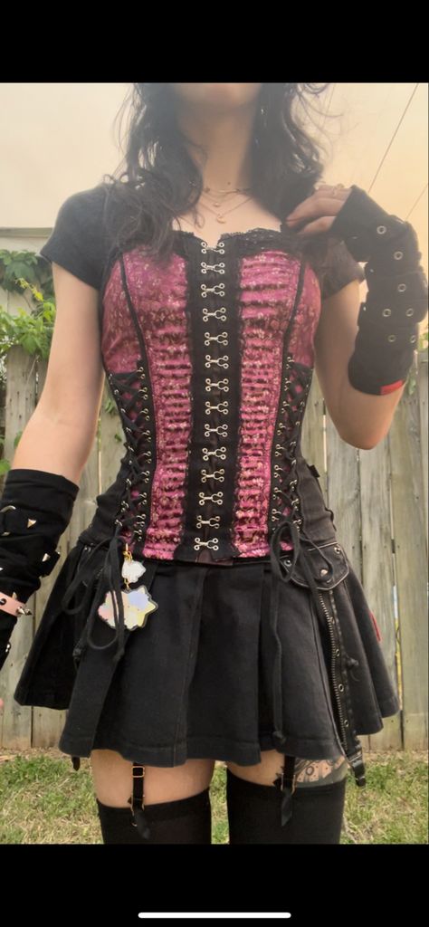 @loca.lloner on ig corset-tripp nyc(deadstock) skirt-tripp nyc(deadstock) armwarmers-tripp nyc webstite the keychain is little twin stars <3 i get all of my deadstock items on depop or from thrifting:) Tripp Nyc Skirt Outfit, Tripp Skirt Outfit, Tripp Nyc Outfit, Tripp Nyc Skirt, Tripp Nyc Dress, Bday Fits, Thrift List, Black Parade, Twin Stars