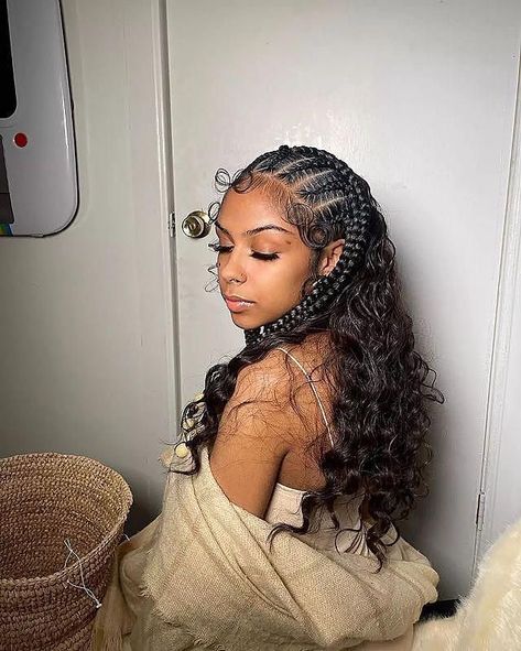 Braided Leave Out Curly Hair, Front Hair Styles Braids, Birthday Hair Ideas Hairstyles Braids, Birthday Curly Hairstyles, Braided In The Front Curly In The Back, Front Braids With Curly Hair, Habesha Hairstyles, Hairstyles On Curly Hair, Birthday Hairstyles For Black Women