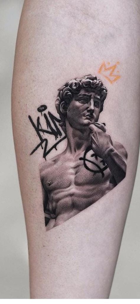 Tattoo Inspired Art, Small Realism Tattoo Men, The David Tattoo, Friday Kahlo Tattoo, Micro Sleeve Tattoo, Michelangelo Tattoo Hands, Micro Tattoo Men, Modern Tattoo Men, Microrealism Tattoo Men