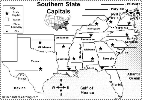 Label Southern US State Capitals Printout - EnchantedLearning.com Homeschool Notebooking, 8th Grade History, Geography Activities, 4th Grade Social Studies, American History Lessons, States And Capitals, Teaching Geography, 5th Grade Social Studies, Homeschool Social Studies