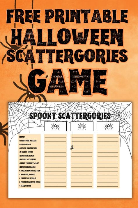 Halloween Scattergories, Free Halloween Games, Adult Halloween Party Games, Classroom Party Games, Scattergories Game, Halloween Tea Party, Fun Halloween Party Games, Halloween Party Activities, Halloween Class Party