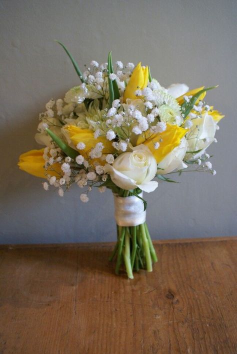 Spring flowers, yellow tulips, white roses, gypsophila and chrysanthemum bouquet by frances&rose: Yellow Wedding Bouquet Rustic, Tulips For Wedding, Yellow Tulips Bouquet, Yellow Wedding Flowers Bouquet, Tulip Bouquet Wedding, Yellow Flowers Bouquet, Prom Flowers Bouquet, Yellow Bridal Bouquets, Yellow Rose Bouquet