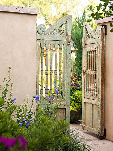 Open Gate, Garden Gates And Fencing, Patina Farm, Garden Gate Design, Stucco Walls, Garden Entrance, Garden Whimsy, Garden Gate, Side Yard