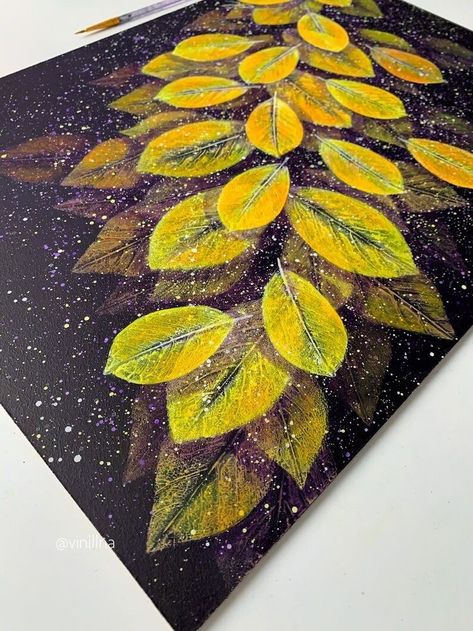 Leaves Print Painting, Leaves Printing Art, Metalic Painting Art, Abstract Leaves Painting, Painting With Leaves, Clare Paint, Purple Abstract Art, Leaf Print Art, Canvas Painting For Beginners