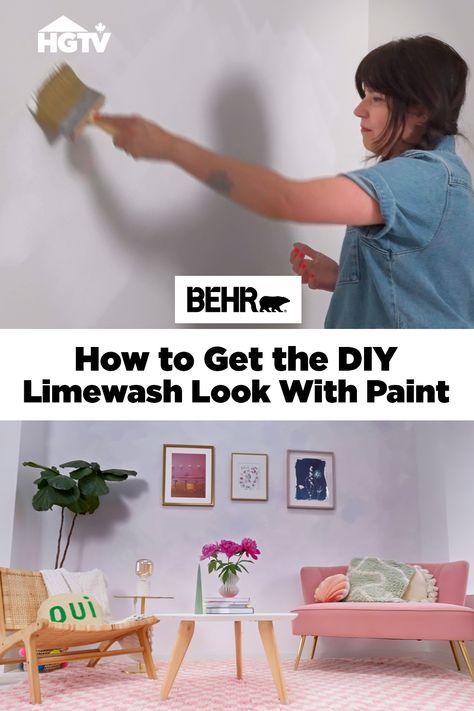 Split photo of woman painting a white wall on top and a stylishly decorated living room at the bottom. Fake Limewash Paint, Limewash Wall, Limewash Walls, Wall Trends, Lime Wash, Limewash Paint, Boho House, Fun Diy, Plain White