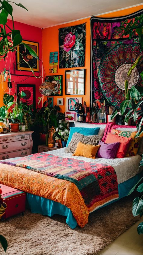 Colorful, bohemian-style bedroom filled with plants, vibrant tapestries, and eclectic decor. Hippie Bedroom Decor Bohemian Style, Hippie Bedroom Ideas, Eclectic Boho Bedroom, Bedroom Decor Inspirations, Bedroom Decor Bohemian, Hippie Bedroom Decor, Cozy Boho Bedroom, Boho Bedrooms, Boho Bedroom Decor Ideas