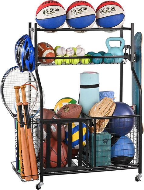 I LOVE THIS THING. It has changed our garage into a usable space now that the sports equipment is in one place. Surprisingly sturdy for the price and holds a ton while still being able to be wheeled around. LOVE LOVE LOVE, want another one. Ball Storage Garage Large Capacity, Sports Organizer for Garage with Hooks and Baskets, Ball Organizer for Garage for Football, Soccer Ball, Bat, Toys Ball Storage Garage, Ball Organizer, Sports Equipment Organization, Organizing With Baskets, Storage Garage, Garage Storage Systems, Garage Organize, Ball Storage, Gear Organizer