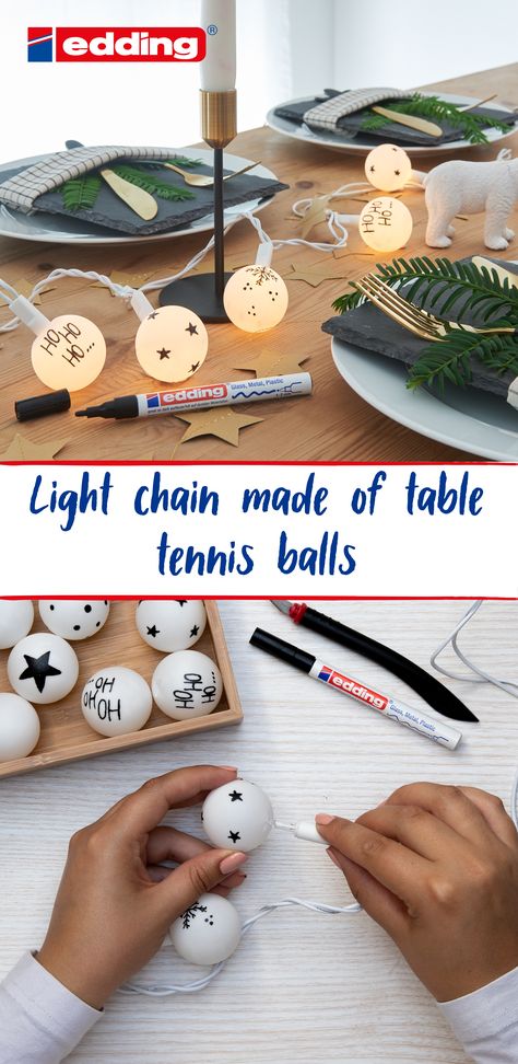 Ping pong ball string lights  Create a cosy atmosphere ready for Christmas  The best craft ideas are often the ones that are easiest to make – like these string lights made with ping pong balls. Table tennis balls emit a cosy glow and make wonderful mini lanterns for a light chain, and you can give them a Christmassy theme by decorating them using edding gloss paint markers. For a unique look, you could draw a different design on each ball. Whether you draw stars, sprigs of pine or angels, simpl Ping Pong Decor, Ping Pong Ball Lights Diy, Ping Pong Ball Ornaments, Ping Pong Ball Tea Lights, Ping Pong Ball Crafts, Tennis Ball Crafts, Tennis Christmas, String Ball Lights, Mini Lanterns