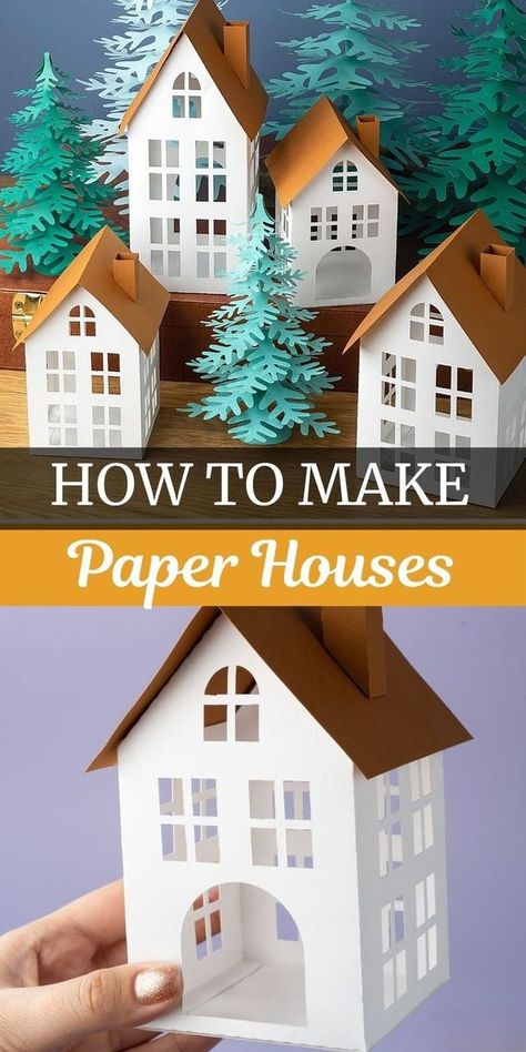 Cricut Paper Christmas Houses, How To Make Cardboard Houses Christmas Villages, Christmas Houses Diy Craft Ideas, House With Paper Craft, Putz Houses Templates Cricut, 3d Paper Houses Cricut, Paper Houses Diy How To Make, Christmas Village Diy Cardboard, Winter Village Decor