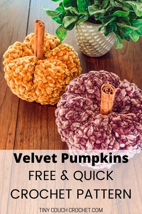 This pin has an image of two crochet pumpkins made from a free crochet pumpkin pattern and using velvet yarn. One is mustard colored and one is purple. They are sitting on a brown table with a potted plant in the background. The bottom of the pin reads "Velvet Pumpkins Free & Quick Crochet Pattern Tinycouchcrochet.com" in black letters. Crocheted Pumpkins, Pumpkin Patterns Free, Crochet Fall Decor, Autumn Crochet, Pumpkin Crochet, Crochet Pumpkins, Fall Pumpkin Crafts, Casa Halloween, Fall Crochet Patterns