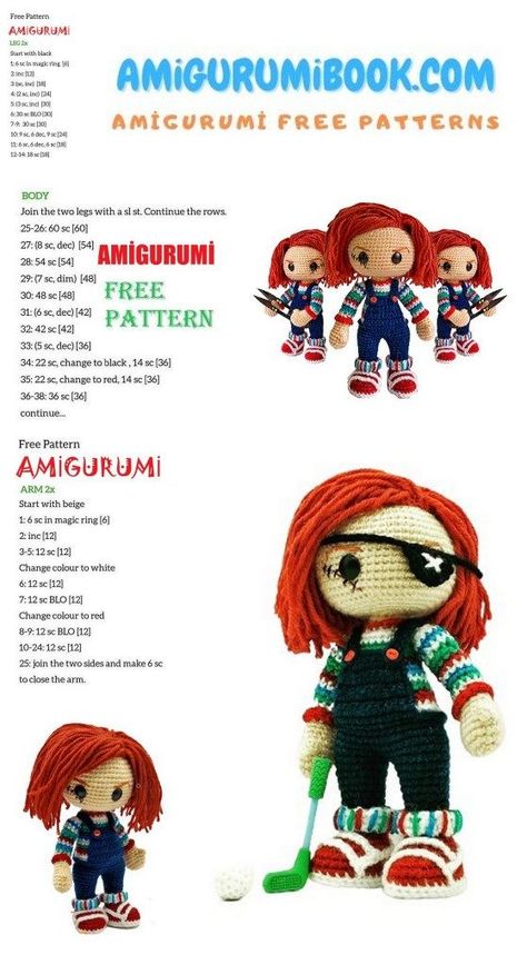 Chucky Amigurumi Free Pattern - Amigurumibook.com Chucky Amigurumi, Crochet Halloween Patterns Free, Free Amigurumi Crochet Patterns, Crochet Pattern Instructions, Doll Patterns Free, Crochet Stitches Free, Baby Doll Pattern, Crochet Dolls Free Patterns, Halloween Crochet Patterns