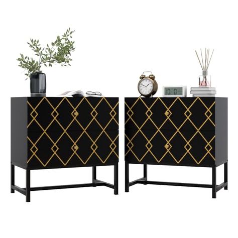 Compact Nightstand, Unique Top Designs, Bedroom Side Tables, Black Nightstands, Modern Bedside Tables, Drawers Design, Black Bedroom Decor, Nightstand Set, Nightstand With Charging Station