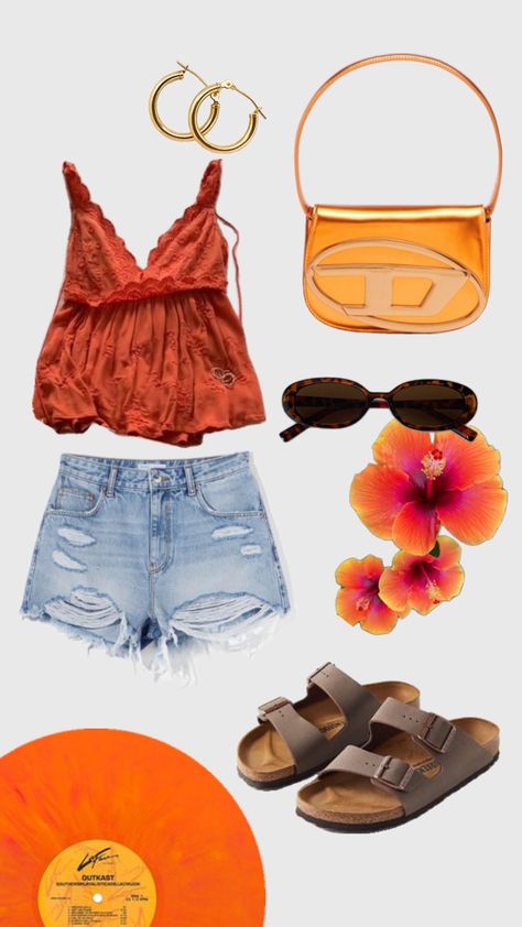 denim shorts, orange top, summer shirt, beachy look, summery outfit Summer Beachy Outfits, Beachy Boho Outfits, Beachy Outfits Boho, Beachy Outfits, Beachy Boho, Orange Top, Cute Summer Outfits, Outfit Summer, Summer Outfit