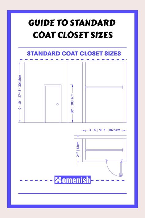 If you are planning the layout for your home or would like to install a new coat closet, then you’ll need to know the typical dimensions that coat closets take. While there is no ‘one-size fits all’ measurement for a coat closet, there is a range of coat closet sizes that fall into the ‘standard’ bracket. Coat Closet Dimensions, Closet Measurement Guide, Closet Rod Height, Coat Closets, Cherry Wood Bedroom, Wide Coat, Closet Dimensions, Wardrobe Dimensions, Painted Closet