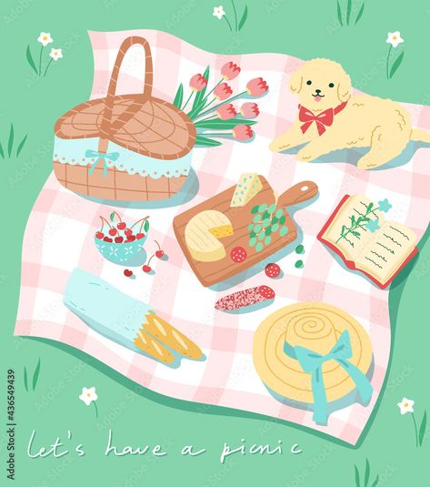 Download Vector illustration of a summer picnic concept in modern cartoon style. Outdoor lunch of a cheese platter, fruit and baguette. Relaxing picnic time with a dog, nice meal and nice weather. Stock Vector and explore similar vectors at Adobe Stock. Baby Drawing, Picnic Time, Retro Wallpaper, Photography Pictures, Childrens Illustrations, Whimsical Art, Children Illustration, Cute Illustration, Art Sketchbook