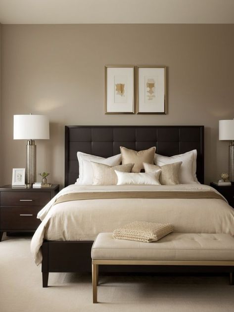 Transform your bedroom with an accent wall in a warm beige shade, creating a serene and inviting atmosphere. Enhance the design with sleek modern furniture pieces and incorporate metallic accents for a touch of elegance. Room Painting Bedroom, Dark Brown Bedrooms, Dark Wood Bedroom Furniture, Brown Bedroom Decor, Dark Bedroom Furniture, Brown Furniture Bedroom, Bedroom Wall Colors, Brown Bedroom, Accent Wall Bedroom