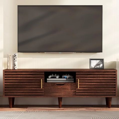 Mercer41 Naryia 59'' Media Console & Reviews | Wayfair Media Tables, Shelves Mid Century, Low Profile Tv Stand, 65 Inch Tv, Midcentury Tv Stand, Television Stand, Mid Century Tv, Tv Stand With Drawers, Mid Century Modern Tv Stand