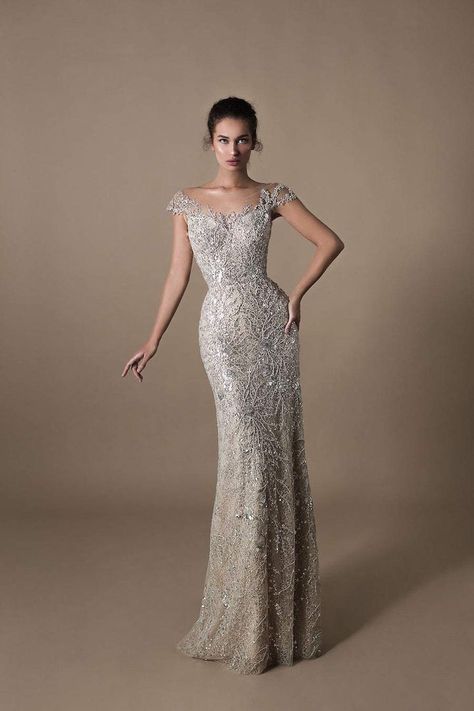 Silver Evening Dress, African Party Dresses, Chic Evening Dress, Silver Gown, Tarik Ediz, Evening Dresses For Weddings, Evening Dress Fashion, Bride Gowns, Mother Of The Bride Dresses