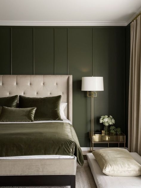 Olive Green Accent Wall, Green Bedroom Paint, Olive Green Bedrooms, Green Accent Wall, Green Bedroom Walls, Bedroom Accent Wall, Brass Wall Sconces, Parents Bedroom, Green Accent Walls