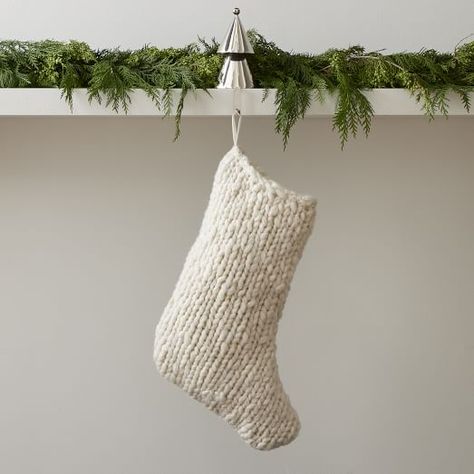 Chunky Knit Stocking, Modern Mantel, Knit Stocking, Tree Collar, West Elm Kids, Real Christmas Tree, Knit Stockings, Christmas Mantel Decorations, Whitewash Wood