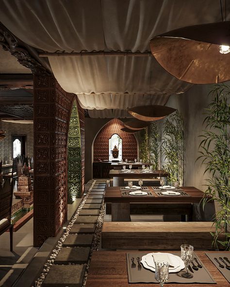 CHÀM RESTAURANT :: Behance Partition Wall Restaurant, Traditional Cafe Design, Spanish Style Restaurant, Restaurant Interior Design Plan, Thai Restaurant Design, Cozy Restaurant Interior, Asian Restaurant Interior Design, Asian Restaurant Design, Rustic Restaurant Interior