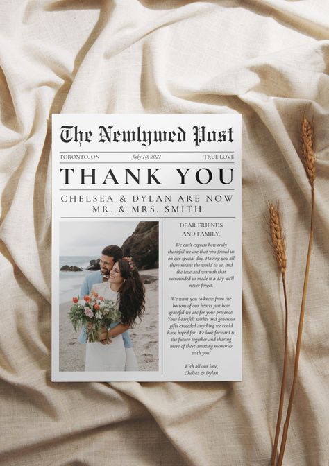 Newlywed Newspaper Thank You Card Unique Thank You Cards, Thank You Wedding Cards, Personalized Newspaper, Thank You Card Examples, Journal Simple, Napkin Cards, Free Wedding Cards, Wedding Newspaper, Welcome Note