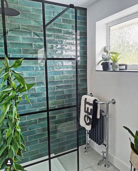 Green Shower Tile, Dark Green Bathrooms, Small Shower Room, Green Tile Bathroom, White Grout, Green Tiles, Teal Bathroom, Ensuite Shower Room, Verde Smeraldo