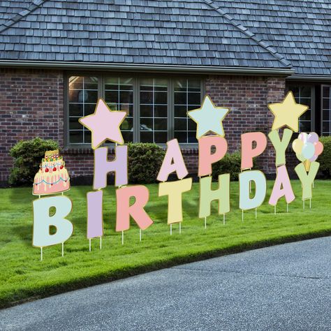 PRICES MAY VARY. Complete Birthday Decoration Package: you will receive 18 pieces of stylish birthday lawn decoration signs, consisting of 13 letters to construct [Happy Birthday]; Additionally, we have1 balloon, 1 birthday cake, and 3 star pieces; The entire set comes equipped with 36 sturdy stakes making secure installation Vibrantly Colored Birthday Decor: our Birthday Yard signs is in pastel colors, combining tasteful and sparkly elements that are sure to elevate your party atmosphere; Be it Decorations For Birthday Party, Cake Balloon, Patio Decorations, Happy Birthday Yard Signs, Birthday Yard Signs, 1 Birthday, Garden Lawn, Outdoor Lawn, Yard Signs