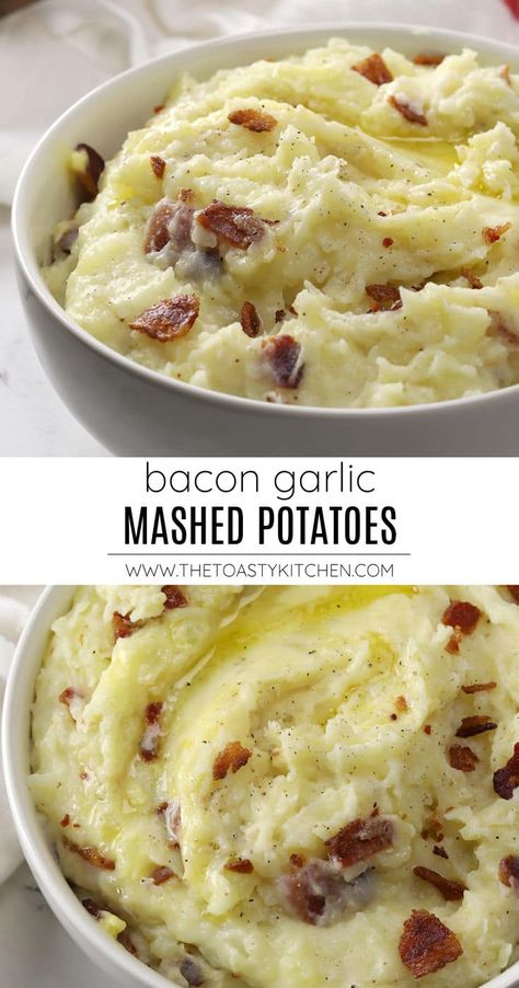 Bacon garlic mashed potatoes recipe by The Toasty Kitchen. Bacon garlic mashed potatoes are an indulgent comfort food side dish, filled with crunchy bacon and garlic butter. Made from scratch using simple ingredients and ready in 30 minutes! #mashedpotatoes #bacongarlicmashedpotatoes #baconmashedpotatoes #bacon #pork #sidedish #thanksgiving #christmas #potatoes #recipe Bacon Rosemary Mashed Potatoes, Mash Potatoes With Bacon, Carbonara Mashed Potatoes, Mashed Potato Ideas, Christmas Mashed Potatoes, Christmas Meals Dinners, Bacon Mashed Potatoes Recipe, Golden Mashed Potatoes, Mashed Potatoes Loaded