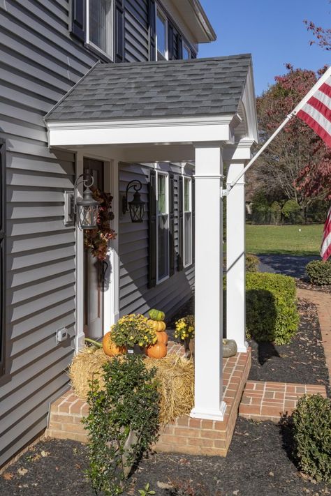 Gable Portico Front Entry, Portico Front Door, Door Overhang Ideas Front Door, Cape Cod Portico Front Entry, Front Door Portico Ideas Entrance, Roof Over Front Door Entrance, Front Door Overhang Ideas, Colonial Portico Entrance, Simple Portico Entry