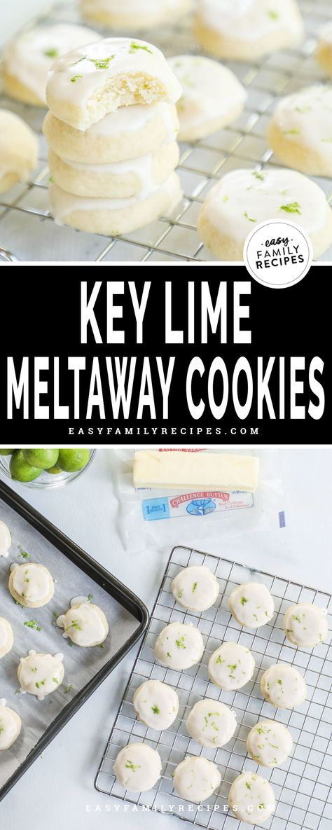 Key Lime Cookies Stacked up on a baking rack. Meltaway cookies on a cookie sheet. Key Lime cookies with glaze made and garnished next to a stick of butter. Easy Lime Recipes, Key Lime Cookies Recipe, Lime Deserts, Lime Meltaway Cookies, Key Lime Cookie Recipe, Key Lime Cookie, Class Sketch, Lime Juice Recipes, Lime Dessert Recipes