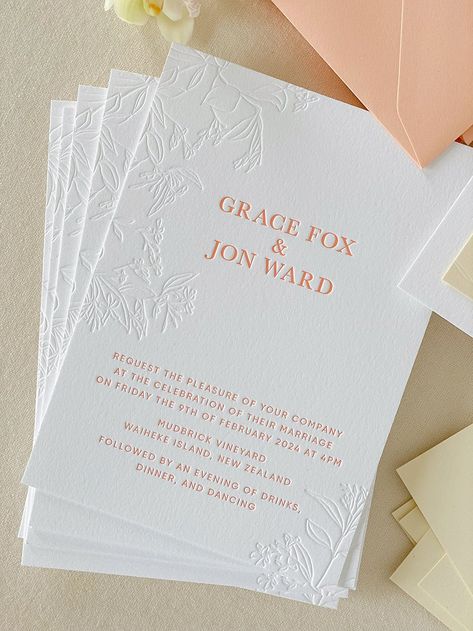 Letterpress wedding invitation with blind deboss floral details Wedding Invitation Suite Assembly, Debossed Wedding Invitations, Letter Pressed Wedding Invitations, Letterpress Wedding Invitation Suite, Monogram Wax Seal, Letterpress Notecards, Peach Wedding Invitations, Letterpress Save The Dates, Paper Twine