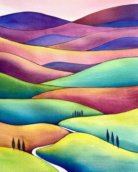 Layered Landscape Art, Watercolor Hills Landscapes, Harmony Art Drawing, Watercolor Hills, Raewyn Harris, Rolling Hills Painting, Watercolor Line Art, Watercolor Journaling, Contemporary Landscapes